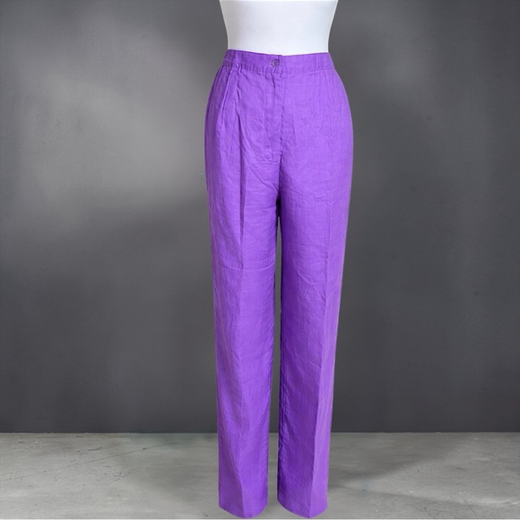 Purple Three-Piece Women's Linen Pant Set with Embroidered Shell and Jacket - Picture 11 of 12
